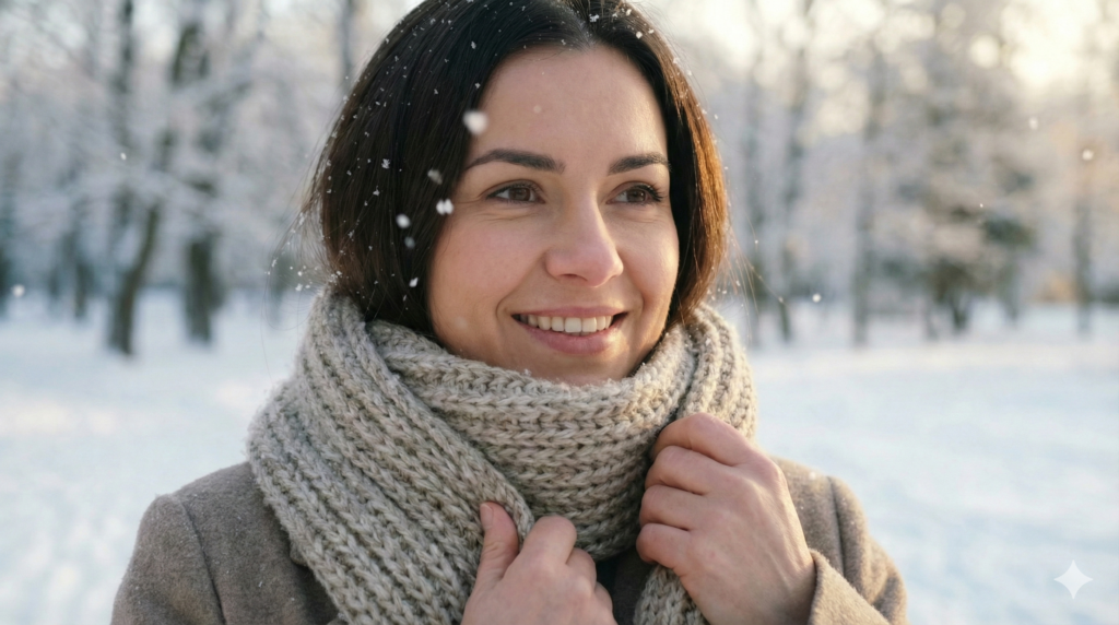 두꺼운 목도리로 체온을 따뜻하게 보호하는 지적이고 아름다운 여성