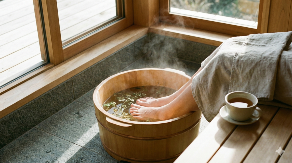 우아한 공간에서 편안하게 따뜻한 족욕을 즐기는 아름다운 모습
