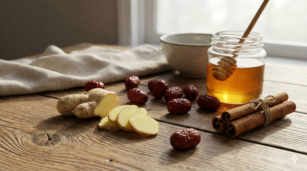 면역력에 좋은 계피, 생강, 꿀, 대추 등이 햇살이 드는 탁자 위에  있는 이미지.